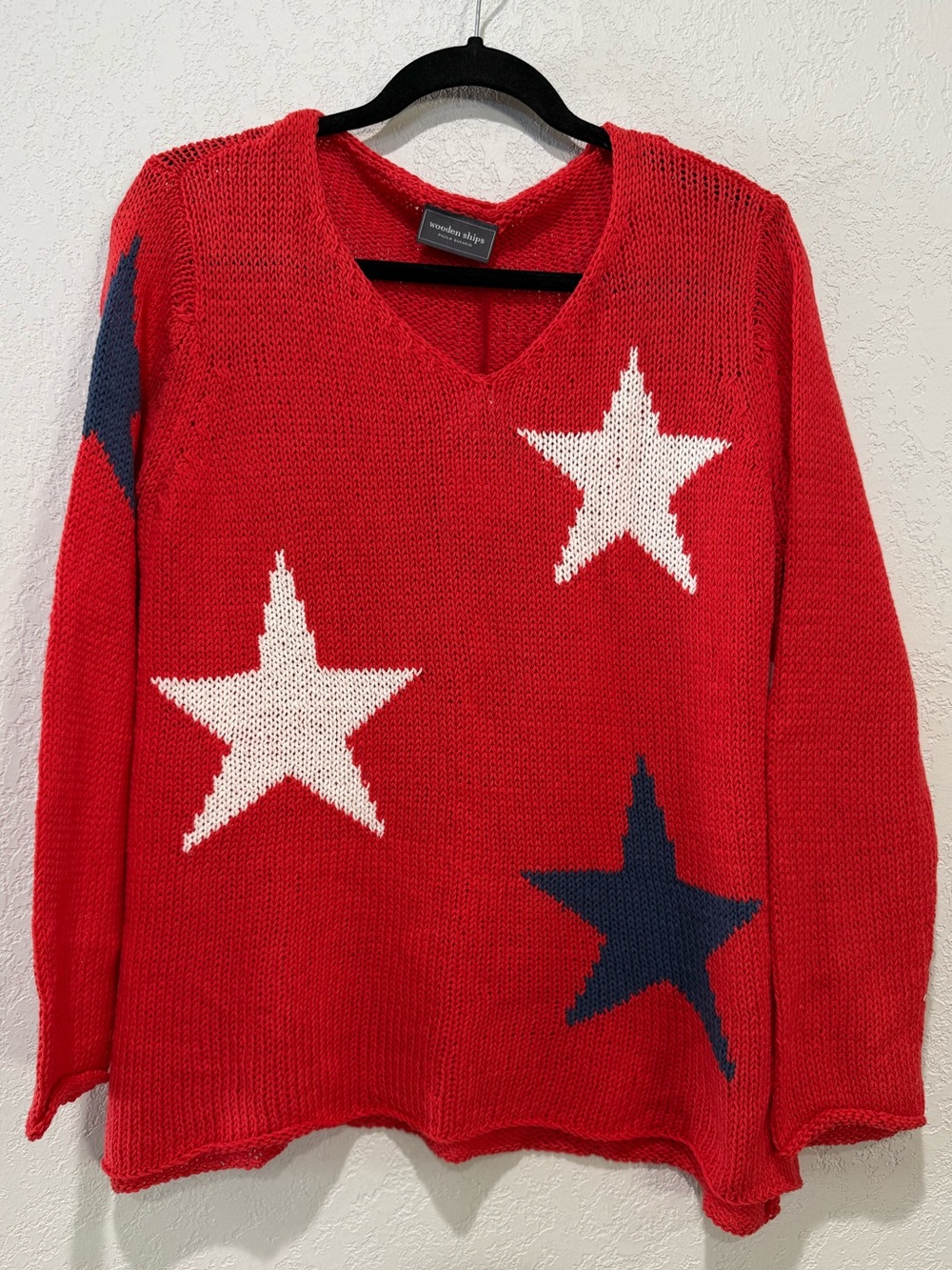 Wooden Ships Red V-Neck Star Knit Sweater